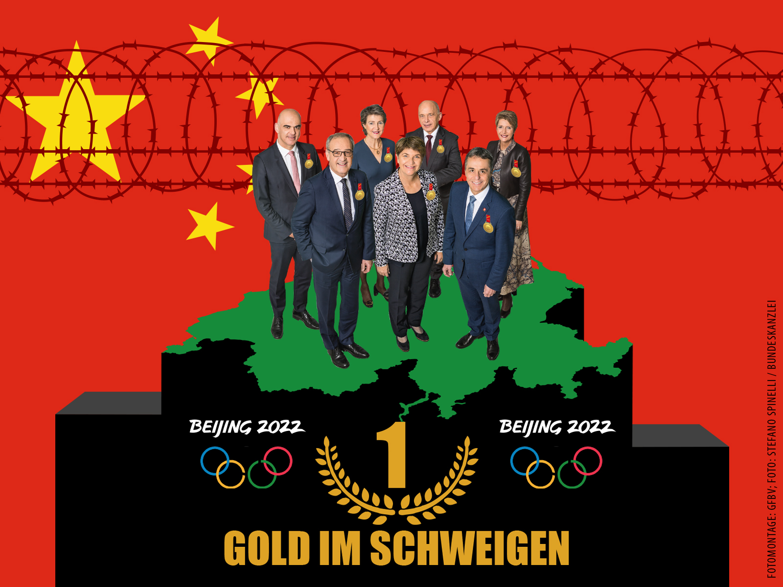 Peking 2022: Goldmedaille für den Bundesrat. Fotomontage: GfbV/Foto: Stefano Spinelli/Bundeskanzlei